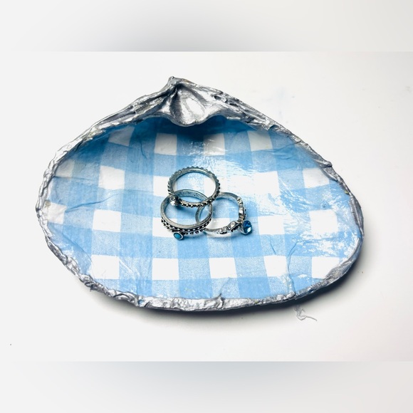 Handmade Jewelry - Handcrafted Clam Shell Trinket Dish w/ Blue Gingham Decoupage Design